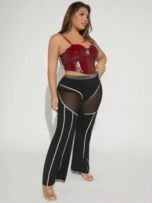 SHEIN SXY Talla grande Pantalones acampanados de malla transparente ribete en contraste