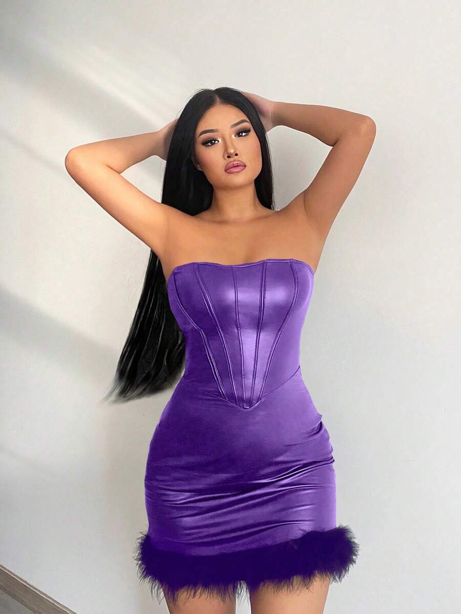 Allurite Fuzzy Trim Patent Tube Bodycon Dress - Purple - View 1
