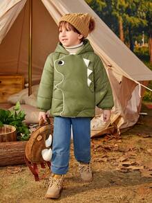 SHEIN Young Boy Cartoon Dinosaur 3D Patched Design Hooded Padded Coat - Army Green - View 3