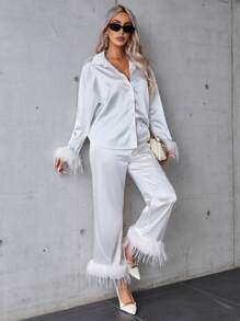 SHEIN Privé Trang trí Fuzzy Xa ten Áo sơ mi & Quần - trắng - Xem 4