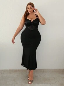 SHEIN SXY Plus Contrast Mesh Mermaid Hem Cami Dress - Black - View 1