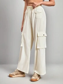 In My Nature Flap Pocket Drawstring Waist Outdoor Pants - Beige - View 7