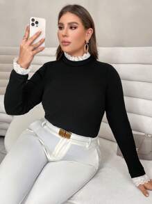 SHEIN Essnce Áo thun Plus size Nút viền lá sen màu trơn Giải trí - màu đen - Xem 1