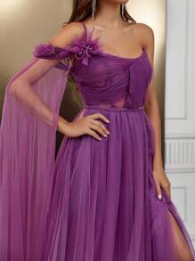 SHEIN Belle 厚重款式女士晚礼服，船形领口，渐变色，装饰性皮草和蝴蝶结，单肩，垂褶袖子，长拖尾 - 紫色 - 查看 5