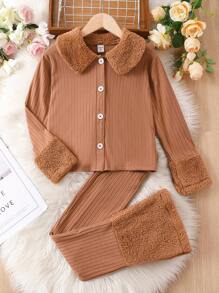 SHEIN 女大童羊絨領口前紐扣T恤和褲子 - 棕色 - 查看 1