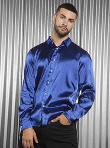 GENTILAND Loose Fit Men's Solid Satin Button-Front Shirt - Navy Blue - View 3