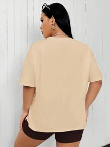 Flirla Hơn Đồ họa Chữ cái Áo thun Thả vai & Quần short đi xe - Màu Khaki - Xem 2