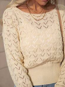 SHEIN LUNE Pointelle Knit Drop Shoulder Sweater - Apricot - View 3