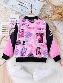 SHEIN Young Girl Letter & Figure Graphic Bomber Jacket Without Tee - Pink - View 2