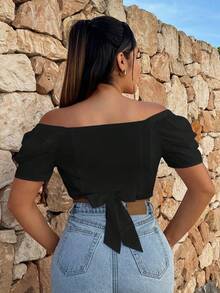 SHEIN SXY 一字肩泡泡袖短款襯衫 - 黑色 - 查看 2