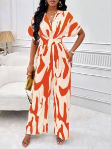 SHEIN Clasi 滿版印花蝙蝠袖闊腿連體褲 - 橘色 - 查看 3