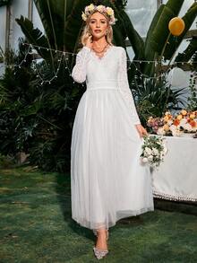 Simplee Women's Mesh Lace Stitching Elegant Dress, Wedding Dress, Spring Style, Bridal Shower Dress,Bride - White - View 3