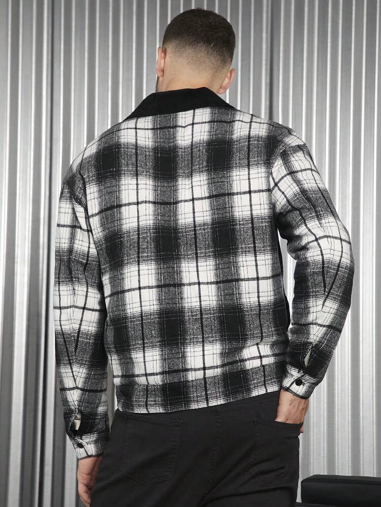 Men 1pc Plaid Print Drop Shoulder Flap Pocket Contrast Collar Padded Coat