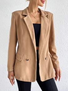 SHEIN Essnce Lapel Neck Double Button Flap Detail Blazer - Camel - View 1