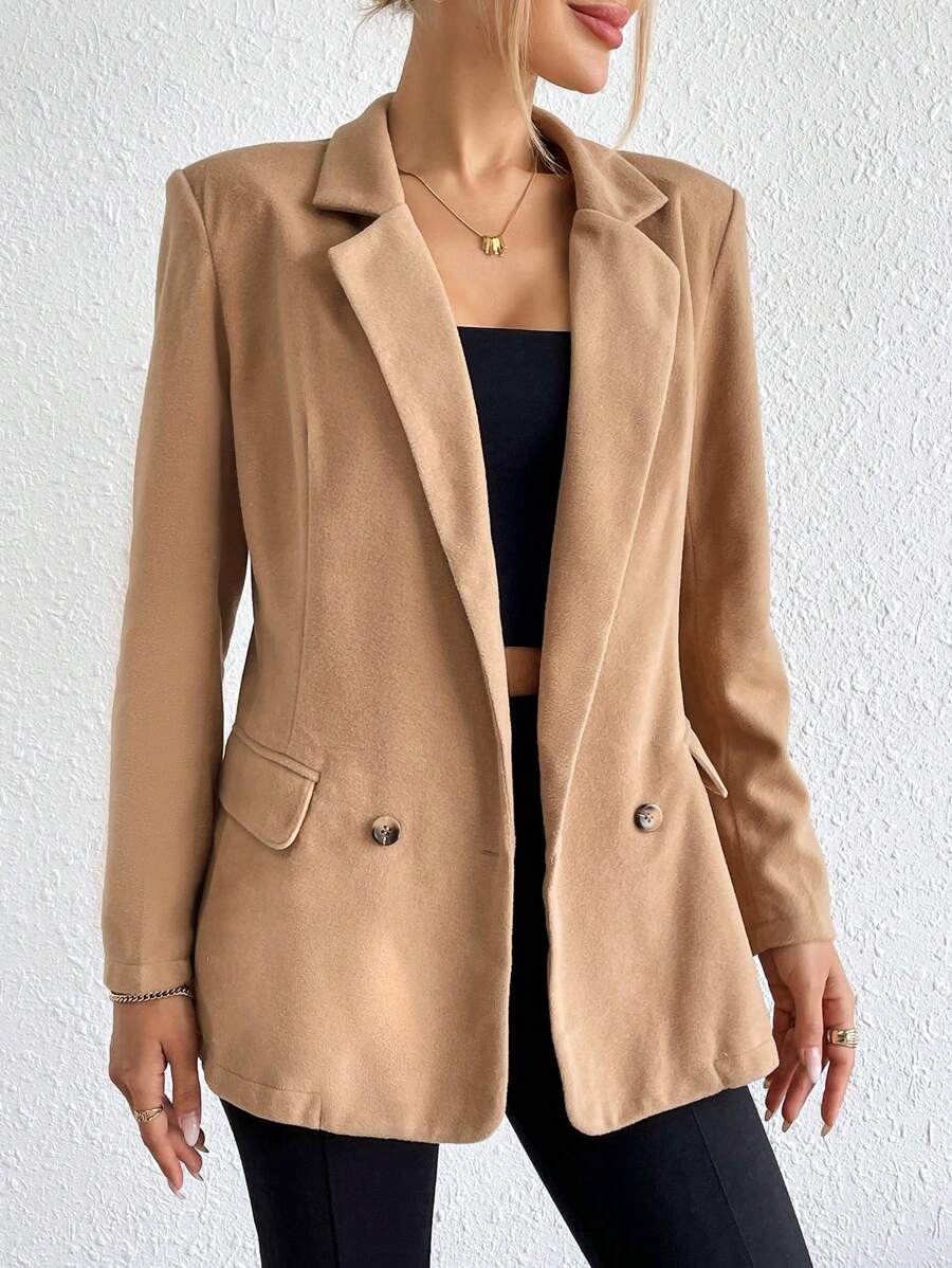 SHEIN Essnce Lapel Neck Double Button Flap Detail Blazer - Camel - View 1