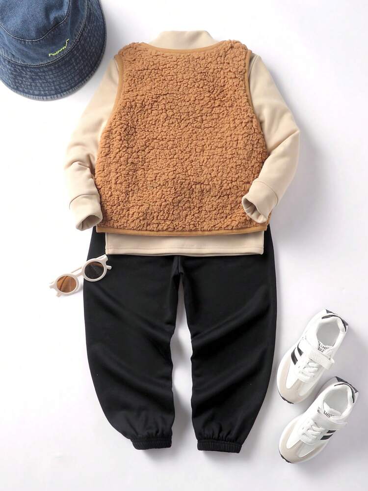 3pcs Young Boy Casual Knitted High Collar Sweater, Knitted Joggers, And Fleece Padded Vest Set, Thickened