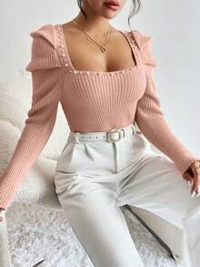 SHEIN Privé 珍珠珠飾方領泡泡袖羅紋針織毛衣 - 珊瑚粉 - 查看 7