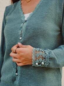 SHEIN Frenchy Guipure Lace Trim Drop Shoulder Cardigan Winter Christmas Casual Green - Green - View 6