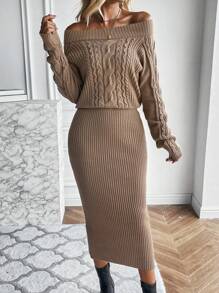SHEIN Clasi Off Shoulder Cable Knit Sweater Dress - Khaki - View 5