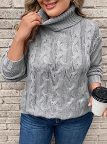 SHEIN LUNE Plus Turtleneck Cable Knit Drop Shoulder Sweater - Grey - View 7