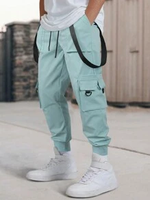 Manfinity EMRG Loose Fit Men's Cargo Pants With Flap Pockets, Side Drawstring Waist - Green - View 3