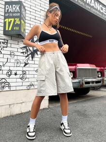 SHEIN EZwear Flap Pocket Side Drawstring Waist Cargo Shorts - Khaki - View 1