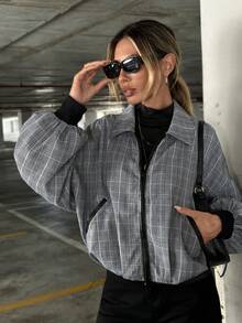 SHEIN Essnce 格紋印花落肩袖拉鏈開襟夾克 - 黑與白 - 查看 3