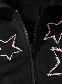 Teen Girl Star Print Zip Up Sweatshirt - Black - View 6