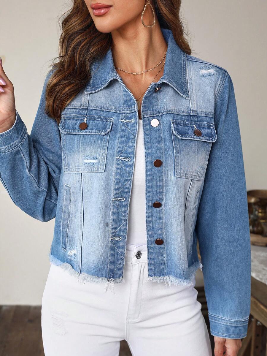 SHEIN LUNE 破洞毛邊牛仔夾克 - 淺色水洗藍 - 查看 1