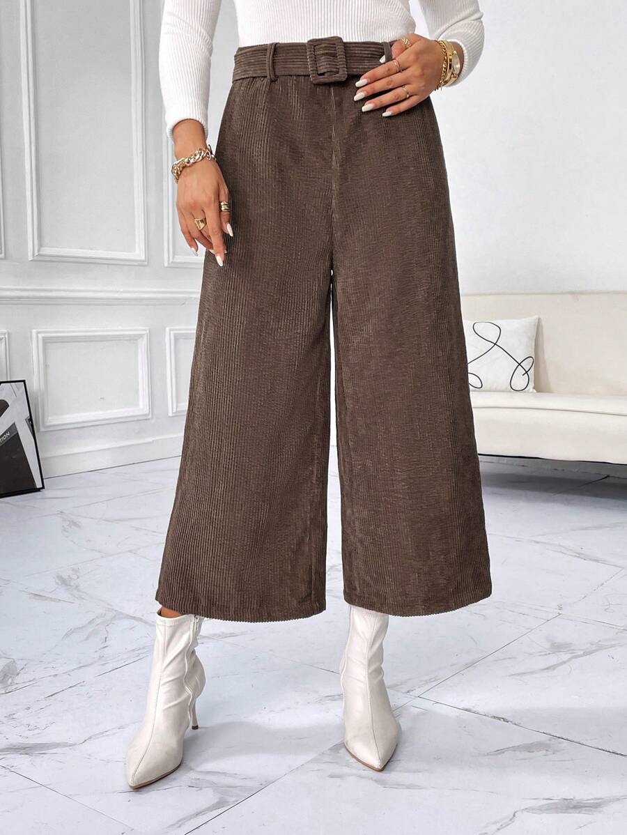 SHEIN Essnce 腰帶闊腿褲 - 摩卡棕 - 查看 1