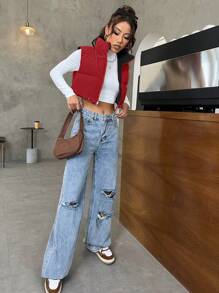 SHEIN EZwear Áo khoác đệm có khóa kéo viền rút - Đỏ - Xem 3