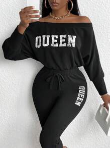 Slaydiva Letter Graphic Off Shoulder Drawstring Waist Flare Leg Jumpsuit - Black - View 1