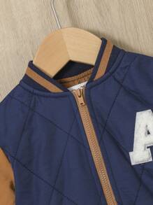 SHEIN 男婴单件字母拼贴条纹饰边拼色拉链连帽绗缝加厚外套 - 彩色 - 查看 5