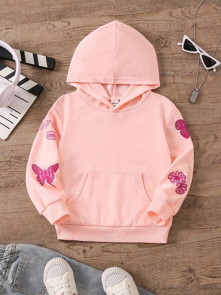 Young Girl Slogan u0026 Butterfly Print Hoodie | SHEIN