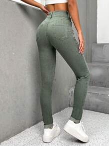 EMERY ROSE Blugi skinny cu talie înaltă, stil casual pentru femei, pentru naveta zilnică, culoare solidă, simpli, - Verde măsline - Vizualizare 2