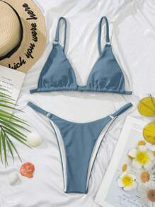 SHEIN Swim 夏季沙灘三角丁字褲比基尼套裝 - 霧霾藍 - 查看 5