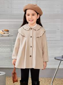 SHEIN Young Girl 1pc Scallop Trim Peter Pan Collar Overcoat - Apricot - View 1