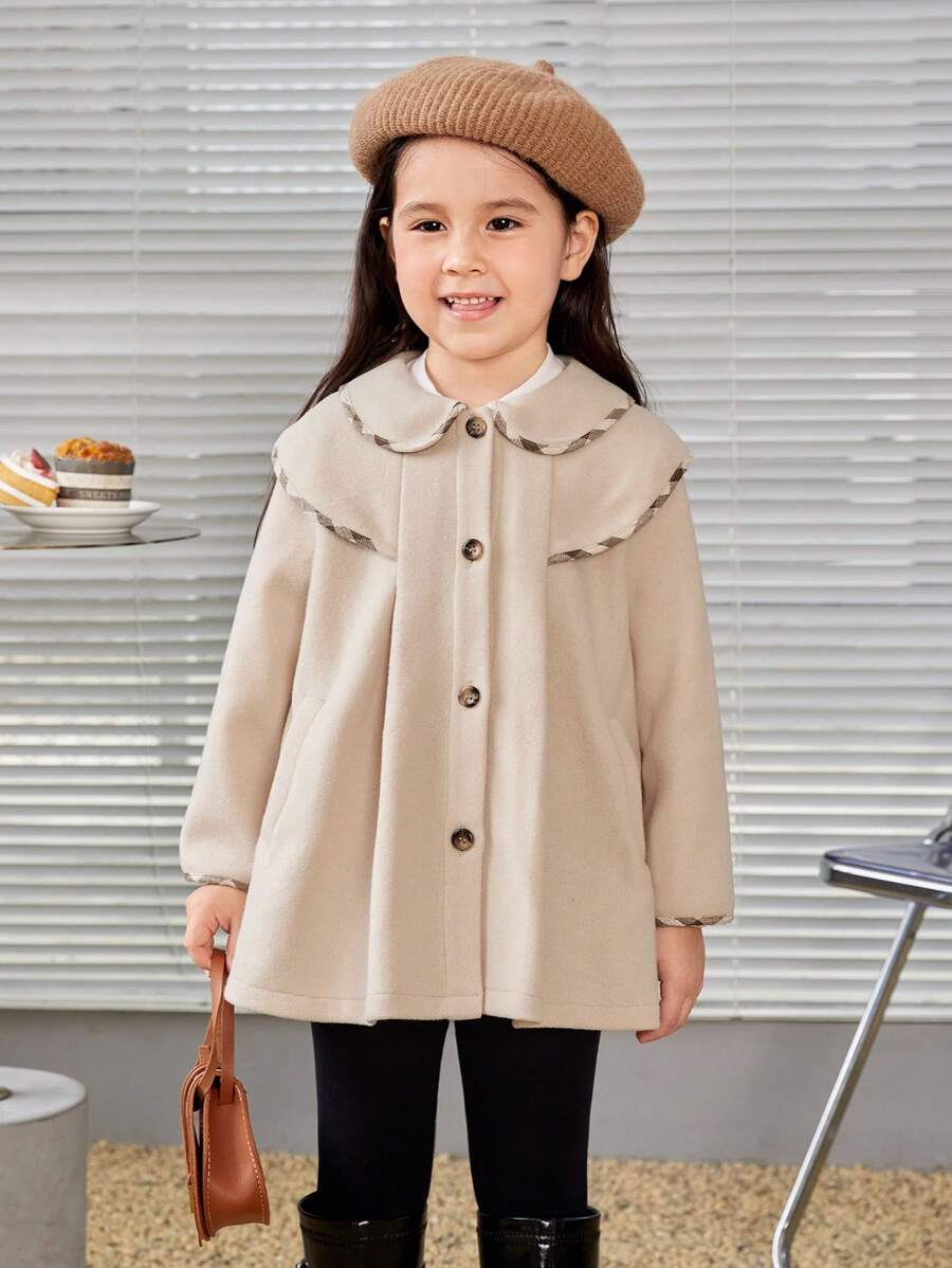 SHEIN Young Girl 1pc Scallop Trim Peter Pan Collar Overcoat - Apricot - View 1