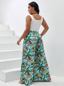 SHEIN VCAY 大碼熱帶圖案腰帶闊腿連體褲 - 藍色 - 查看 2