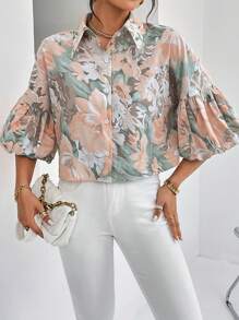 SHEIN Privé Áo sơ mi tay đèn lồng họa tiết hoa, Áo tay ba phần tư - Nhiều màu - Xem 7