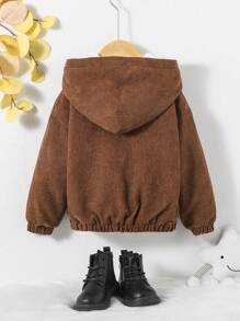 SHEIN 女小童貼布細節毛絨內襯連帽燈芯絨夾克不帶T恤 - 駝色 - 查看 2