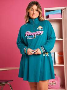 THE POWERPUFF GIRLS X SHEIN 大碼字母圖案落肩袖套頭衫&半身裙 - 綠色 - 查看 1