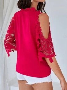 SHEIN VCAY Cold Shoulder Guipure Lace Sleeve Frill Trim Blouse - Hot Pink - View 2