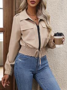 SHEIN LUNE Áo khoác nữ Dây kéo Túi Dải chun màu trơn Giải trí - Màu Khaki - Xem 7