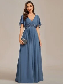 Elegant Winter V-Neck Embroidered Ruffle Sleeve Pleated Chiffon Slate Blue Bridesmaid Dress, Wedding Guest Dress, Semi-Formal Evening Gown, New Year Dress - Dusty Blue - View 7
