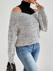 SHEIN LUNE 双色露肩两用毛衣，长袖针织套头衫，秋冬毛衣 - 灰色 - 查看 5