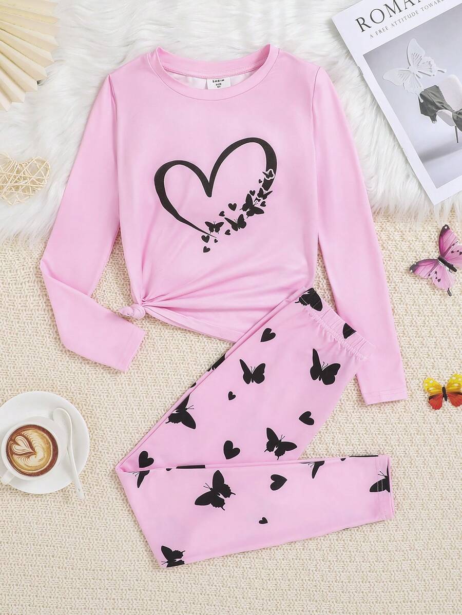 SHEIN Leap Crew Tween Girl Heart & Butterfly Print Tee & Pants Snug Fit PJ Set - Baby Pink - View 1
