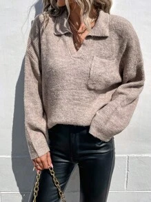 SHEIN LUNE Pocket Front Drop Shoulder Sweater,Long Sleeve Tops Knit Pullover Fall Winter Sweater - Khaki - View 6