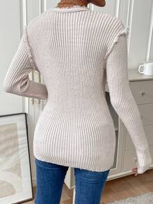 SHEIN Privé 毛邊緣前紐扣開襟衫 - 杏色 - 查看 2