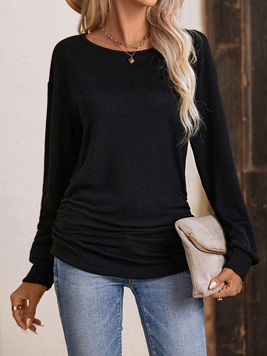 EMERY ROSE Sólido Camiseta Ombro Caído - Preto - Visão 1